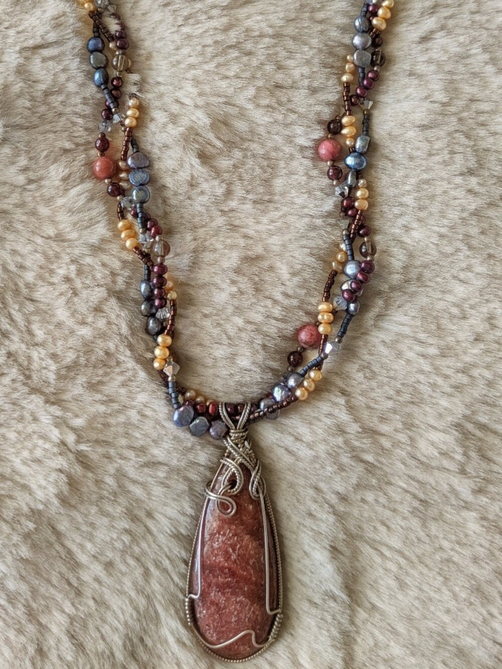 Artisan Crafted Sterling Silver Wrapped Strawberry Quartz Multistrand Necklace